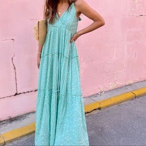 teal and gold maxi dress